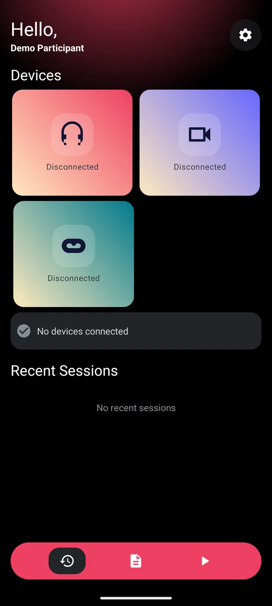 Home: status of the headset, camera and wristband